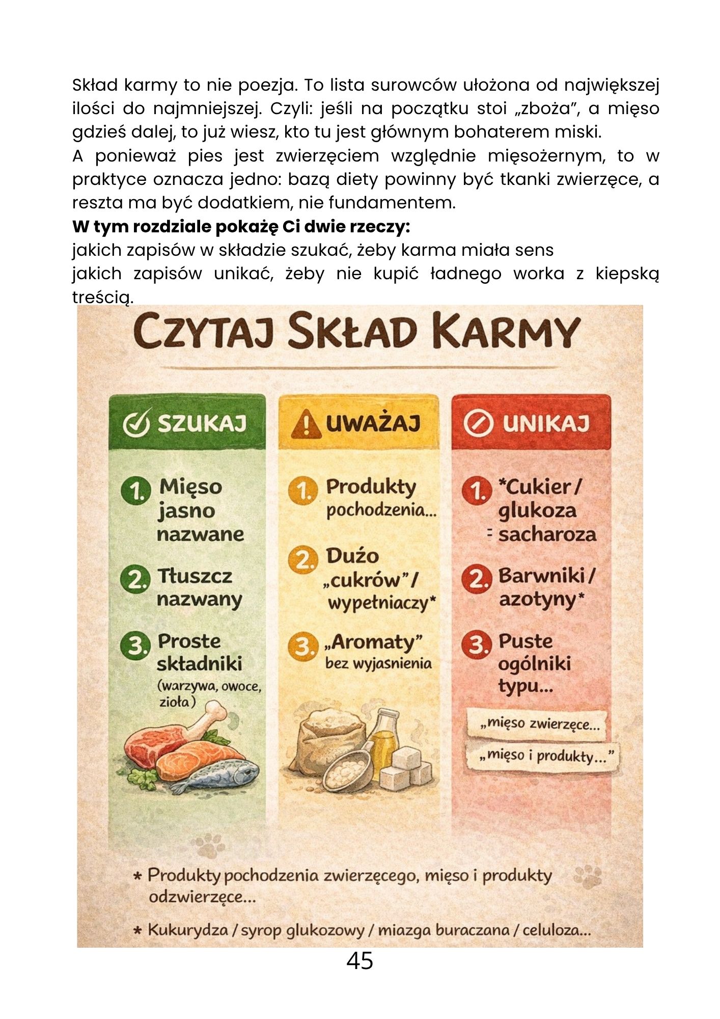 Przykładowa strona e-booka — jak czytać skład karmy